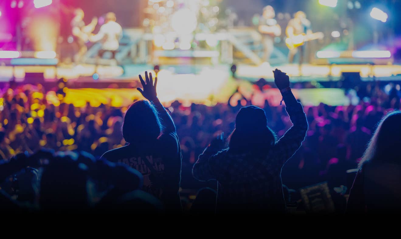 the back of two fans with their hands up at a show